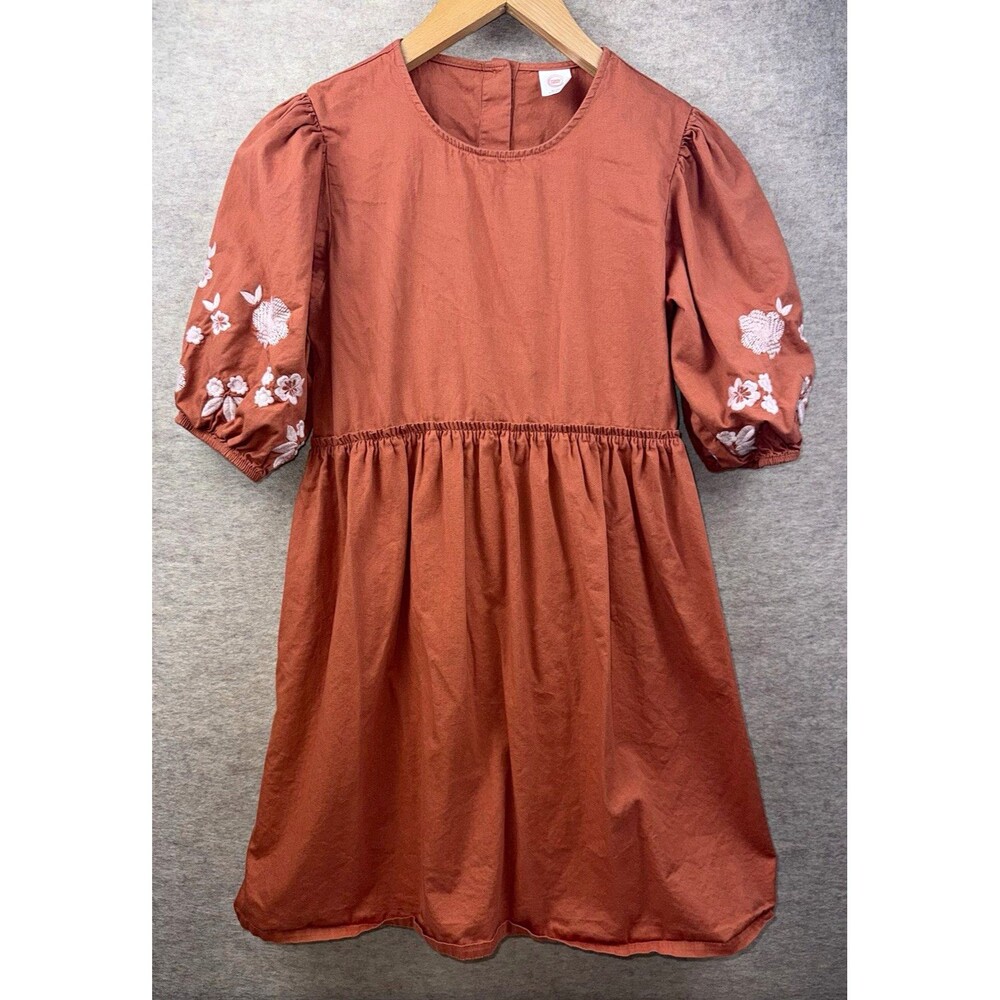 Wonder Nation Girls XL (14-16) Orange Puff Sleeve Embroidered A-Line Dress